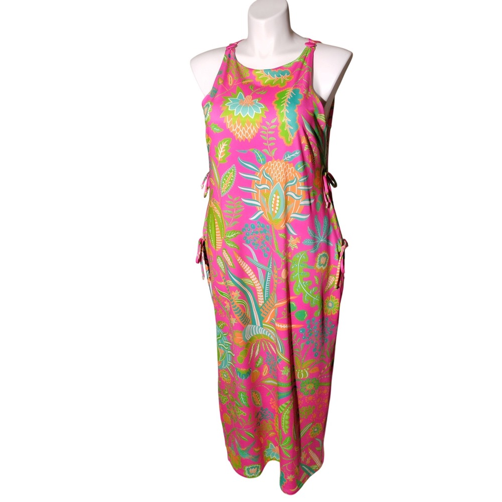 Gretchen Scott XL Pink Hummingbird Heaven Side Tie Sleeveless Maxi Dress Slit - Picture 1 of 10